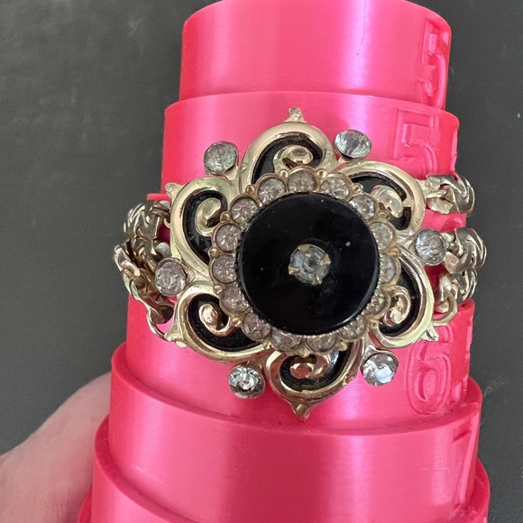 VINTAGE  Art Deco Gold tone Rhinestone and black bracelet - Picture 1 of 6